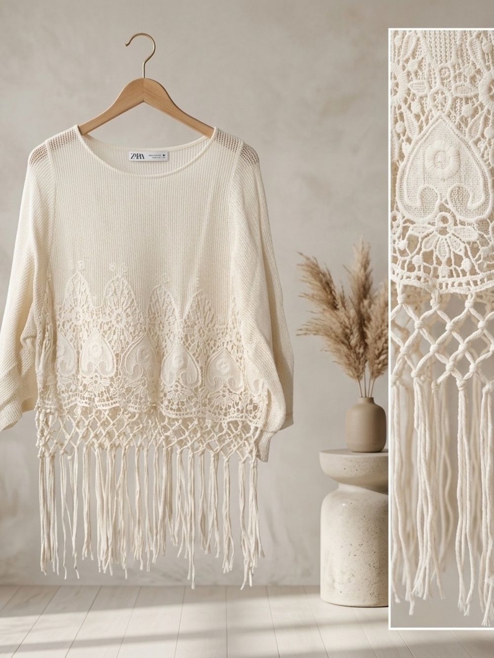 Zara Cream Crochet Fringe Pullover
